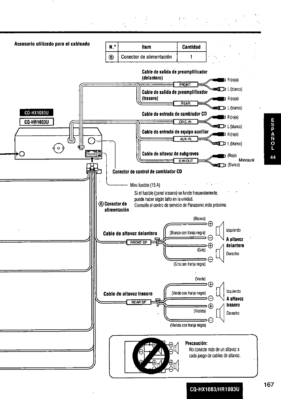 Accesorio utilizado para el cableado, Cable de salida de preamplificador (delantero), Cq-hr1q03u | Cable de salida de preamplíficador (trasero), Cable de entrada de cambiador cd, Cable de entrada de equipo auxiliar, Cable de altavoz de subgraves, Conector de control de cambiador cd, Alimentación, Cable de altavoz delantero | Panasonic Removable Full Front MP3 WMA /Receiver with CD Changer Control CQ-HR1003U User Manual | Page 167 / 172