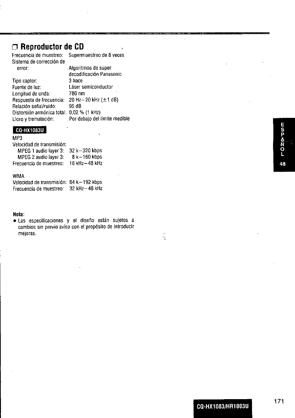 Reproductor de cd, Nota | Panasonic Removable Full Front MP3 WMA /Receiver with CD Changer Control CQ-HR1003U User Manual | Page 171 / 172