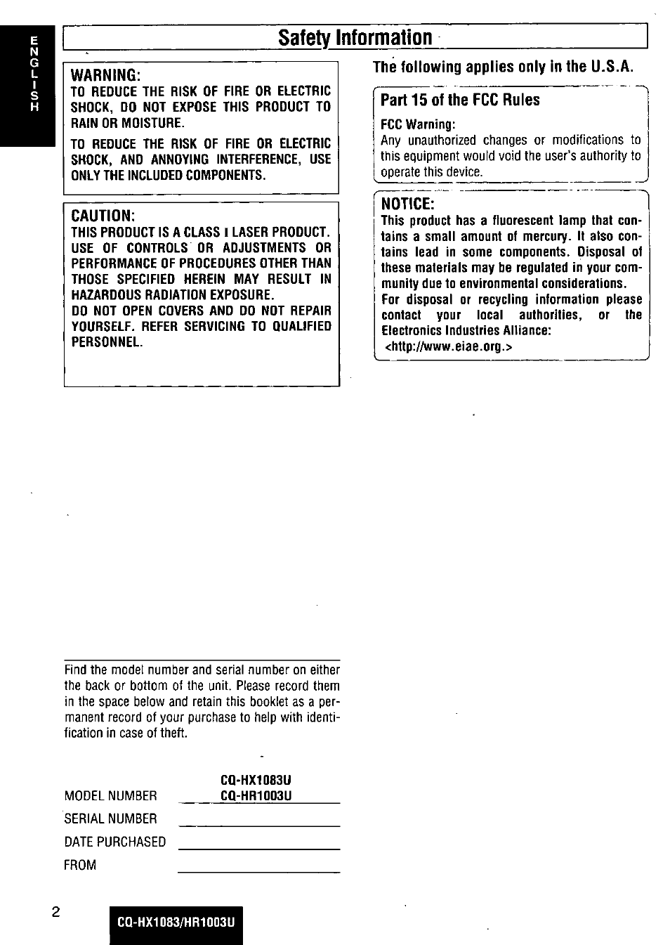 Safety information, Warning, Caution | The following applies only in the u.s.a. “l^artls, The fcc ruies, Notice | Panasonic Removable Full Front MP3 WMA /Receiver with CD Changer Control CQ-HR1003U User Manual | Page 2 / 172