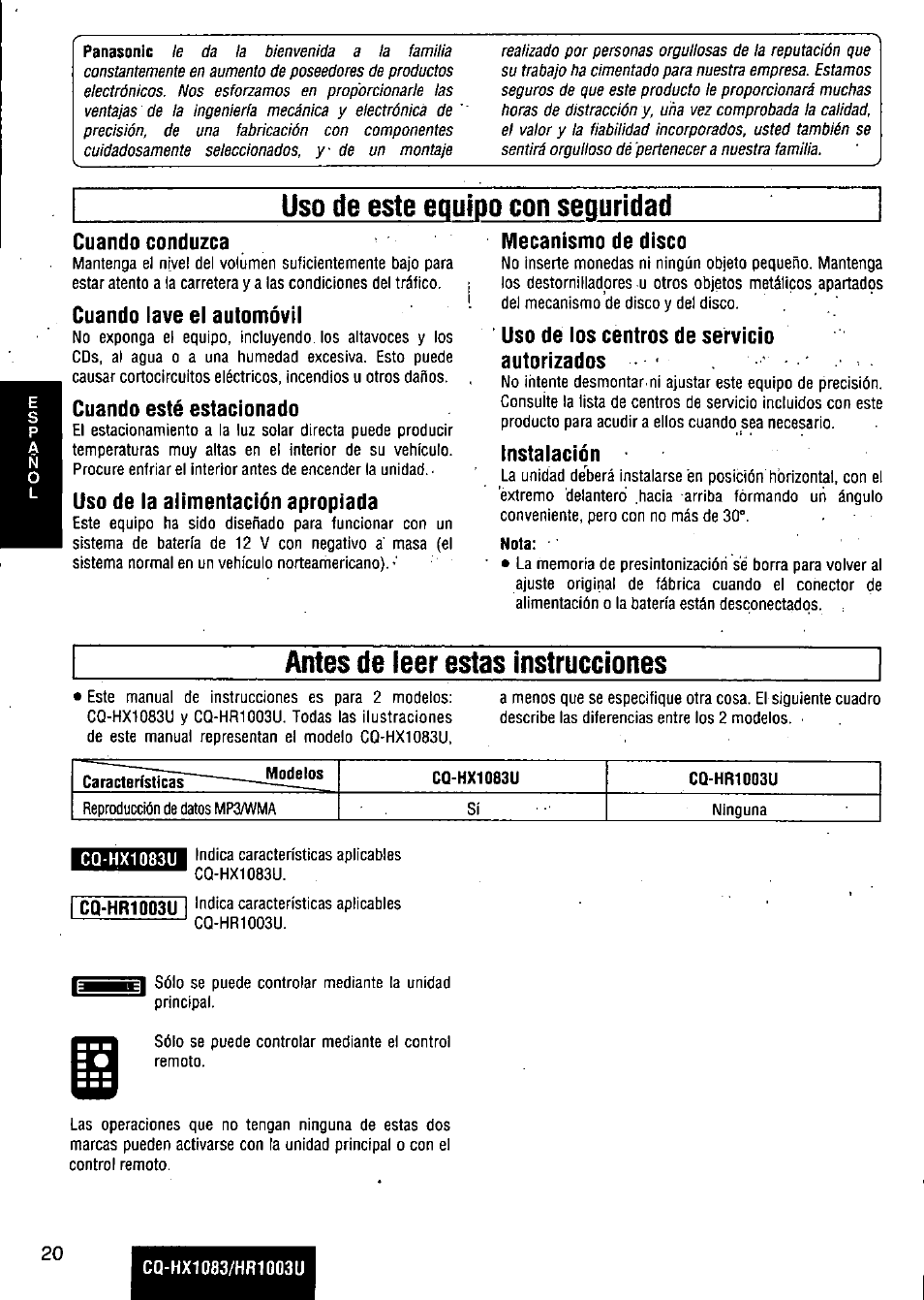 Uso de este equipo con sepuridad, Antes de leer estas instrucciones | Panasonic Removable Full Front MP3 WMA /Receiver with CD Changer Control CQ-HR1003U User Manual | Page 20 / 172