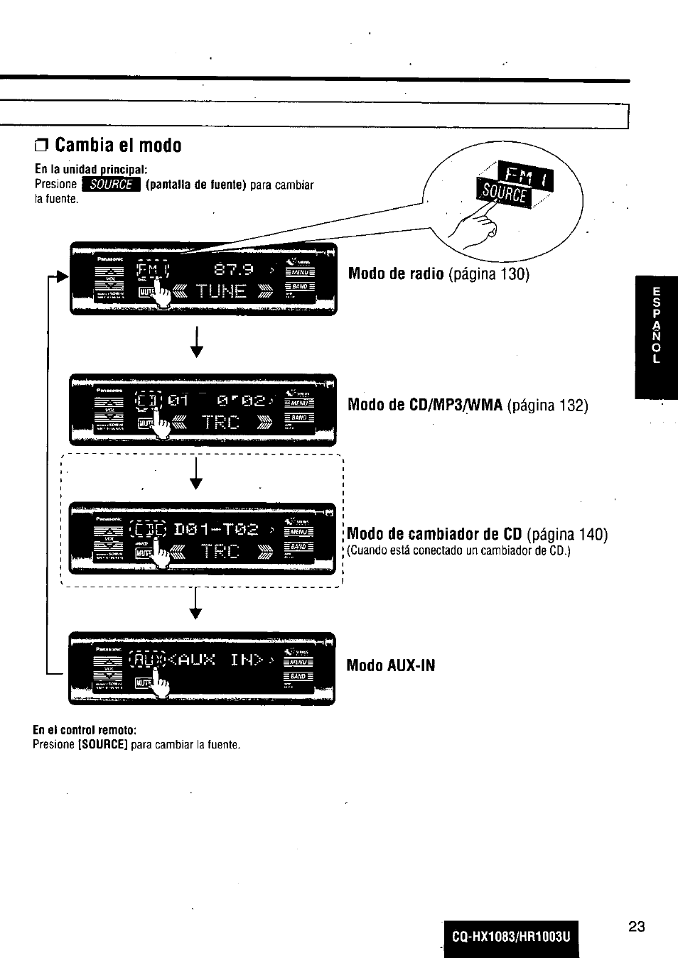 Cambia el modo, Source | Panasonic Removable Full Front MP3 WMA /Receiver with CD Changer Control CQ-HR1003U User Manual | Page 23 / 172
