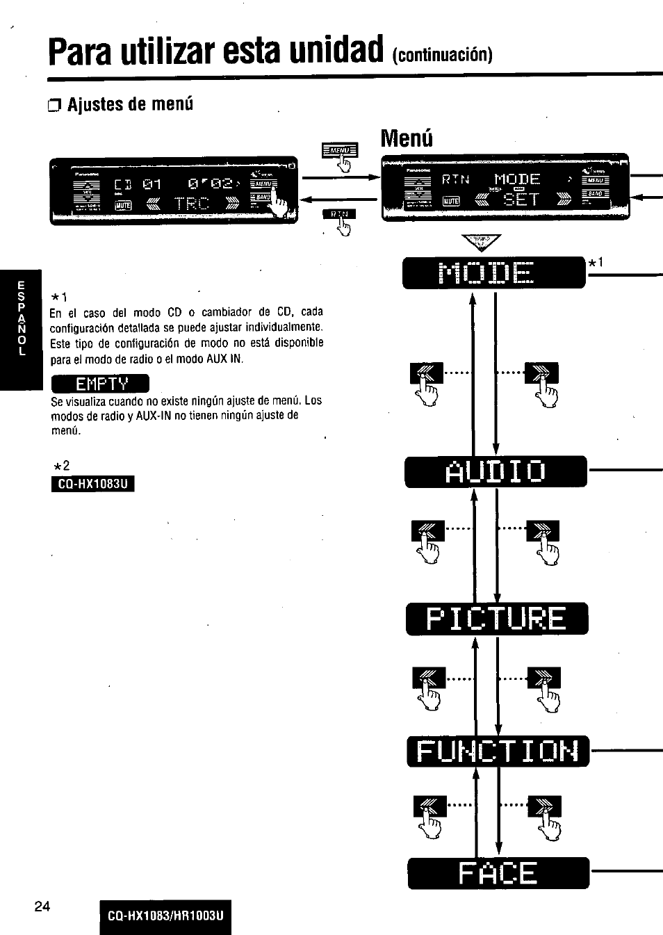 Para utilizar esta unidad, Ajustes de menú, Enptv | Ñunio picture fuhctigh fñue | Panasonic Removable Full Front MP3 WMA /Receiver with CD Changer Control CQ-HR1003U User Manual | Page 24 / 172