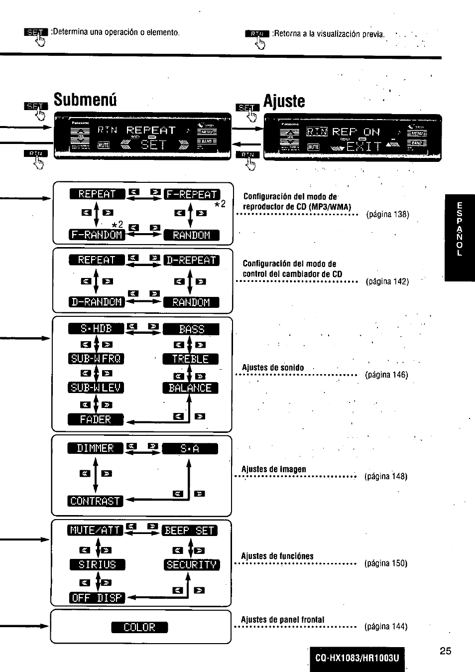 Submenu ajuste | Panasonic Removable Full Front MP3 WMA /Receiver with CD Changer Control CQ-HR1003U User Manual | Page 25 / 172