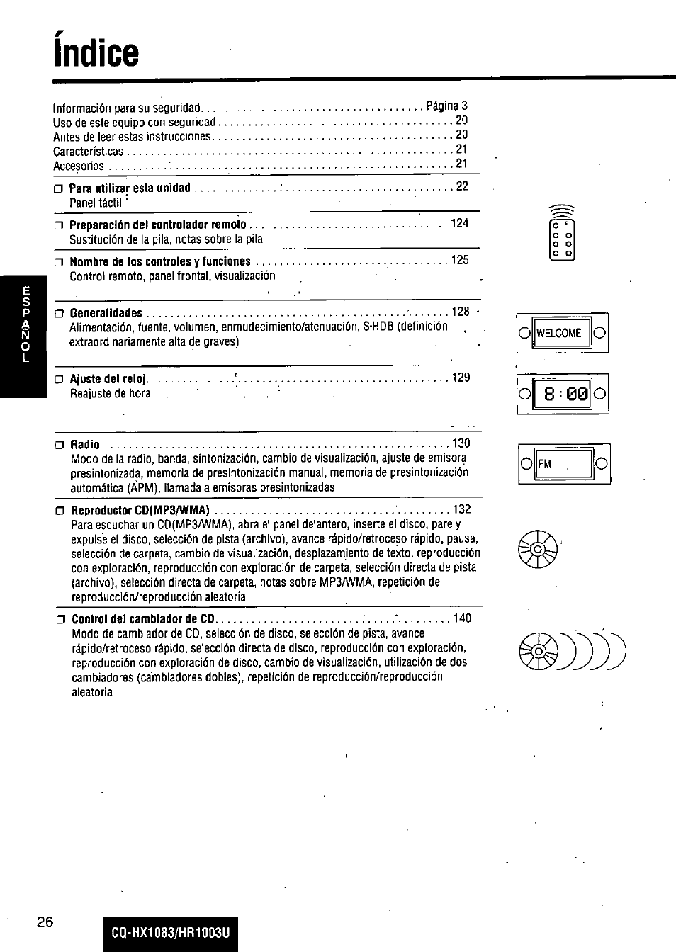 Indice | Panasonic Removable Full Front MP3 WMA /Receiver with CD Changer Control CQ-HR1003U User Manual | Page 26 / 172