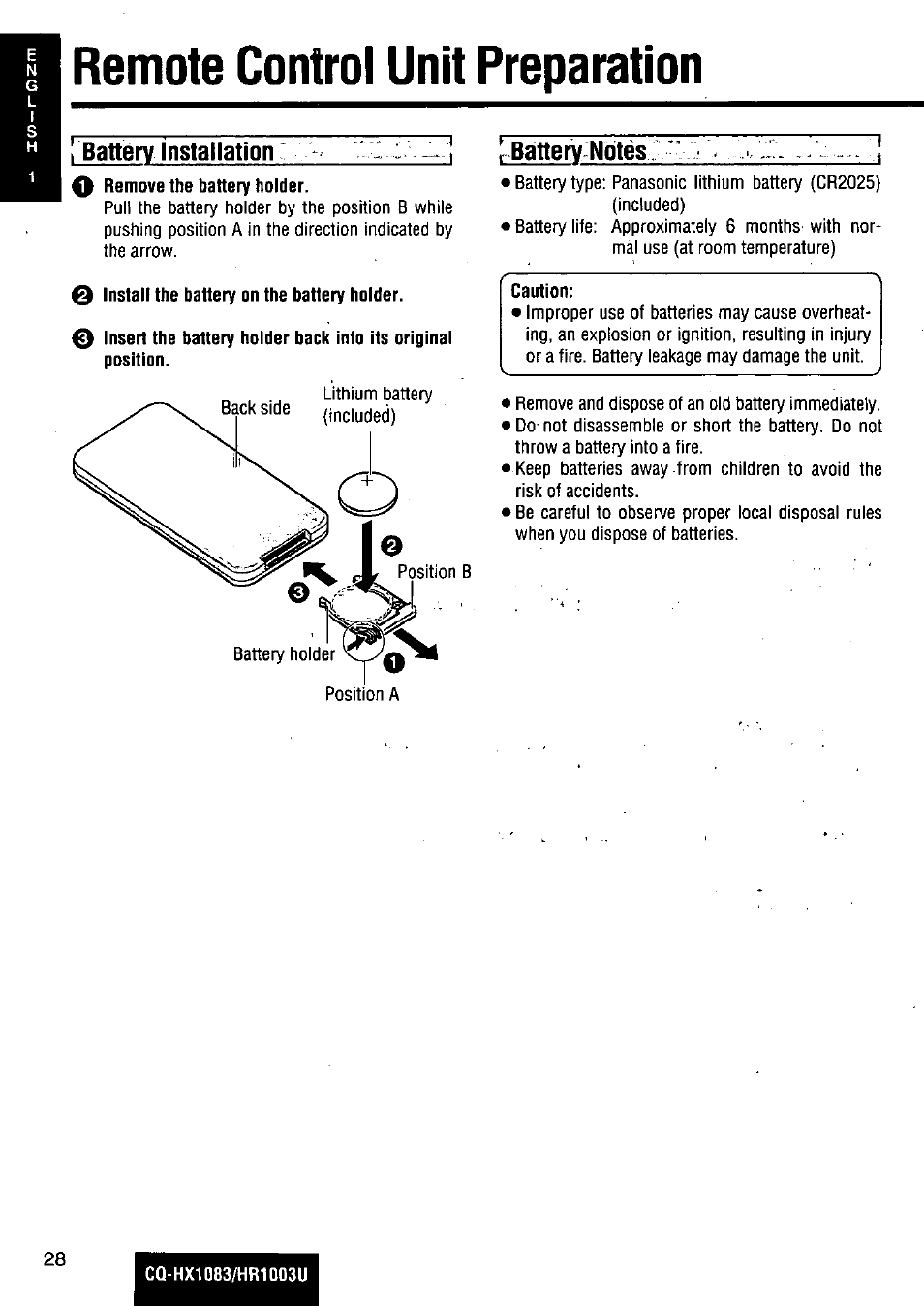 Remote control unit preparation, Battery installation, Remote controi unit preparation | Battery installation o | Panasonic Removable Full Front MP3 WMA /Receiver with CD Changer Control CQ-HR1003U User Manual | Page 28 / 172