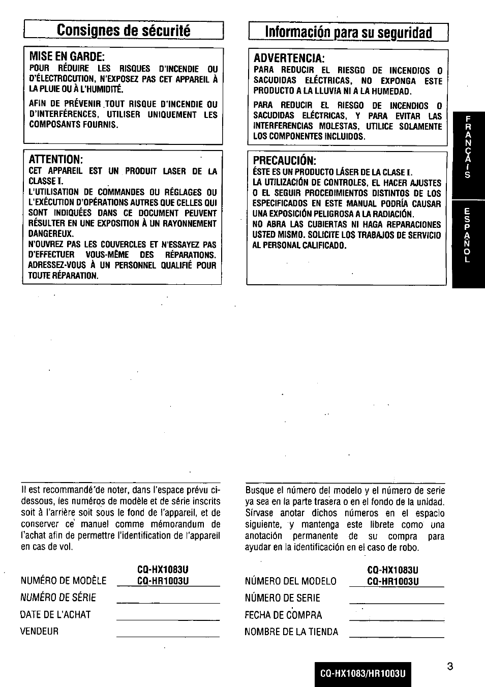 Consignes de sécurité, Información para su seguridad, Mise en garoe | Ahention, Advertencia, Precaución | Panasonic Removable Full Front MP3 WMA /Receiver with CD Changer Control CQ-HR1003U User Manual | Page 3 / 172