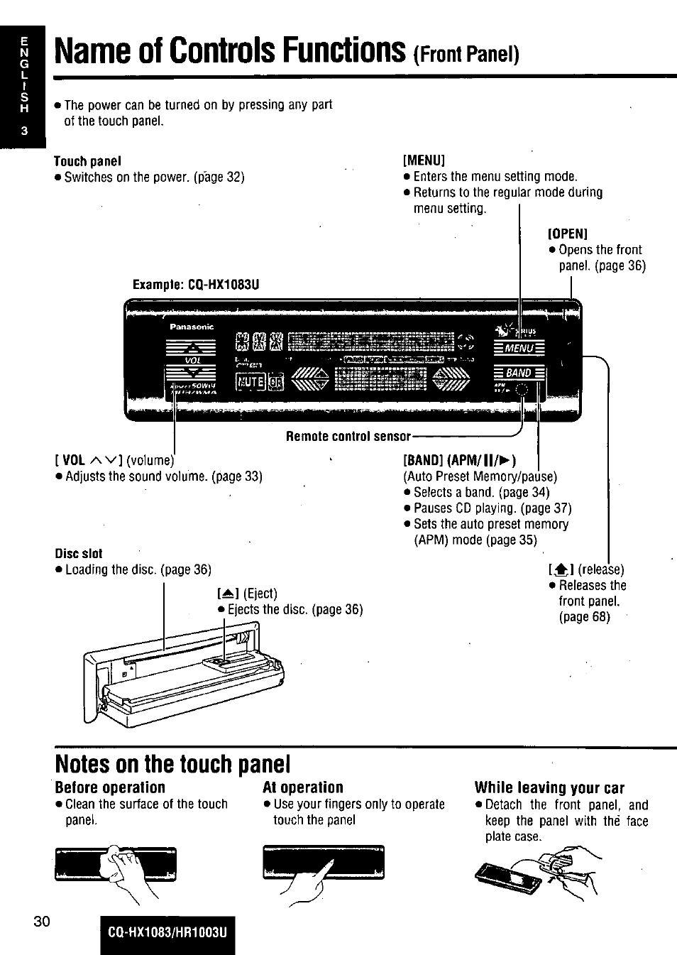 Touch panel, Band] (apm/||>), Name of controls functions | Front panel) | Panasonic Removable Full Front MP3 WMA /Receiver with CD Changer Control CQ-HR1003U User Manual | Page 30 / 172