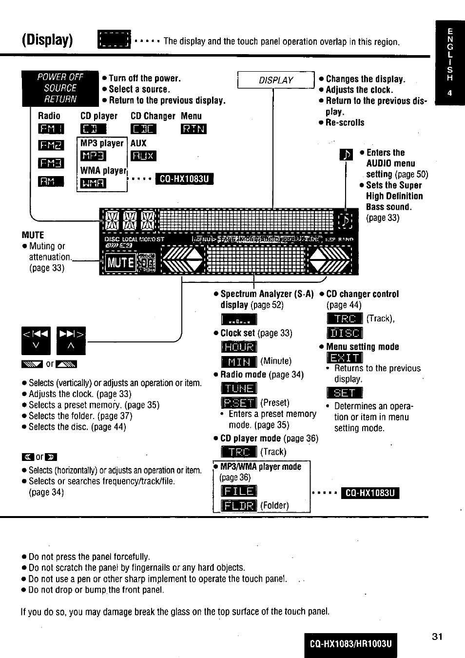Turn off the power, Cq-hx1083u, Mute | Changes the display, Spectrum analyzer (s-a) • cd changer control, Menu setting mode, Display), Tune | Panasonic Removable Full Front MP3 WMA /Receiver with CD Changer Control CQ-HR1003U User Manual | Page 31 / 172