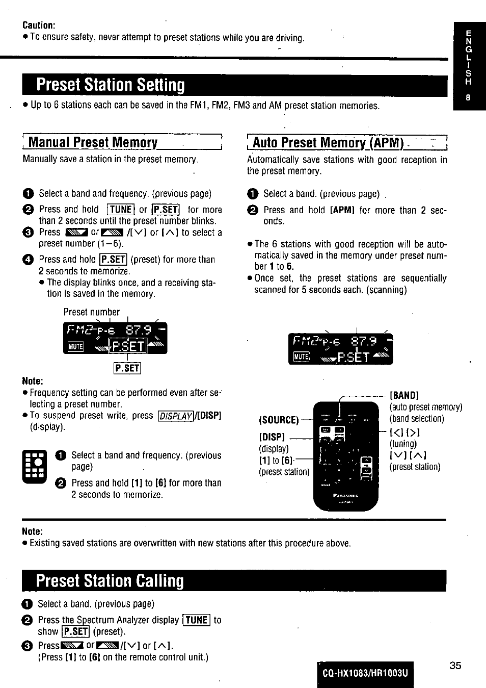 Auto preset memory (apm), Preset station setting, Preset station calling | Panasonic Removable Full Front MP3 WMA /Receiver with CD Changer Control CQ-HR1003U User Manual | Page 35 / 172