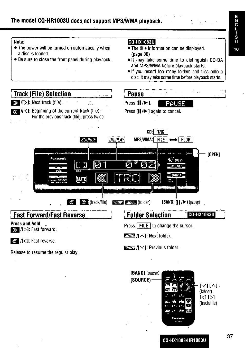 Track (file) selection, Fast forward/fast reverse, Folder selection | Source, Pause pause | Panasonic Removable Full Front MP3 WMA /Receiver with CD Changer Control CQ-HR1003U User Manual | Page 37 / 172