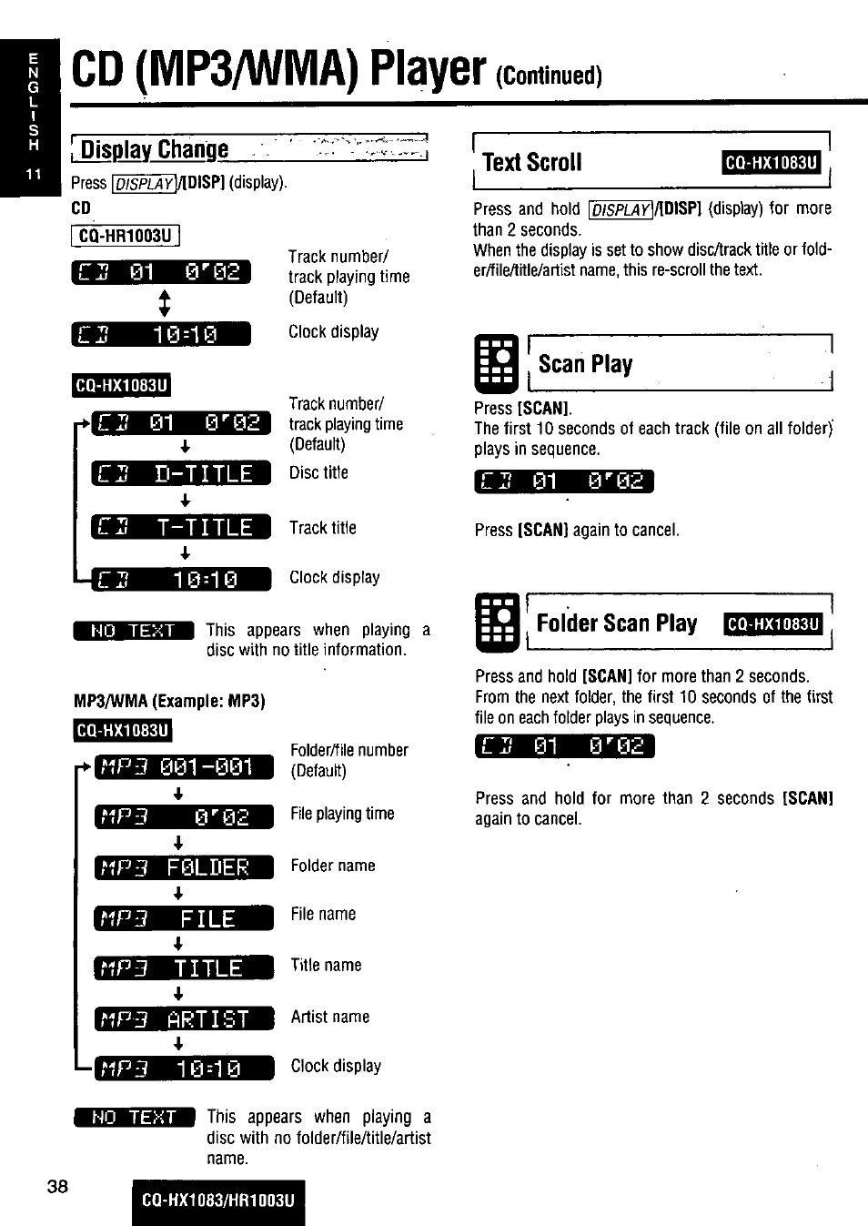 Display change, Cli d-title, C:s t-title | P1pb 001-001, Ripb f0lder, Npj file, Np-j title, Rip£? artist, Text scroll, Scan play | Panasonic Removable Full Front MP3 WMA /Receiver with CD Changer Control CQ-HR1003U User Manual | Page 38 / 172