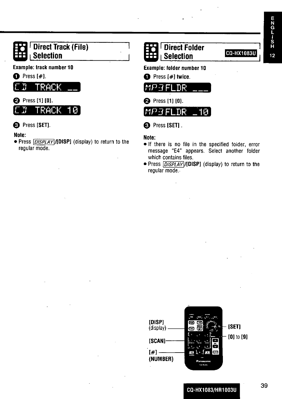 I direct track (file), I selection, Direct folder i selection | Track, Track 10, Fîp3fldr, Mpijfldr _t0 | Panasonic Removable Full Front MP3 WMA /Receiver with CD Changer Control CQ-HR1003U User Manual | Page 39 / 172