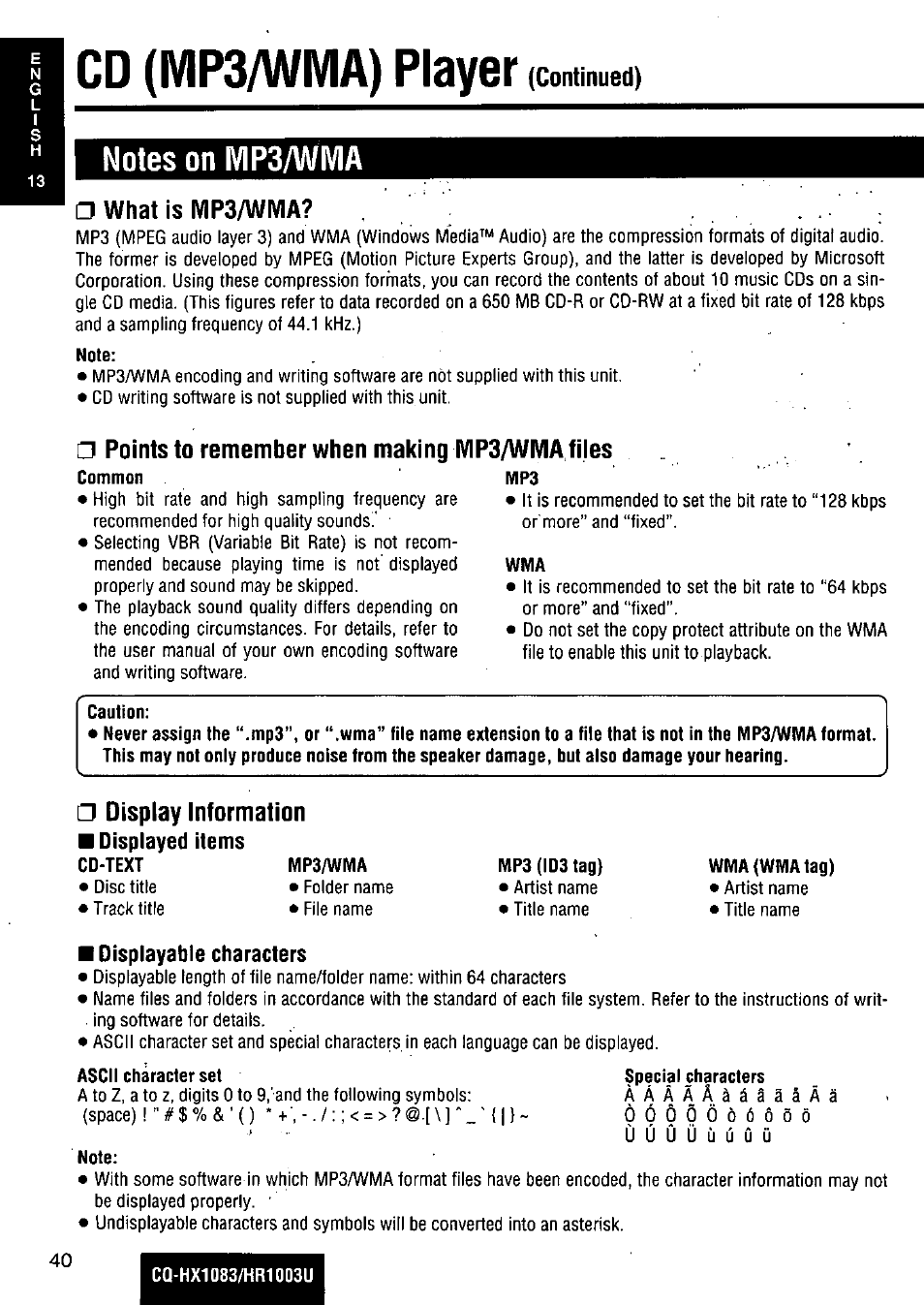 What is mp3/wma, Points to remember when making mp3/wivia fijes, Display information | Cd (mp3/wma) player, Continued) | Panasonic Removable Full Front MP3 WMA /Receiver with CD Changer Control CQ-HR1003U User Manual | Page 40 / 172