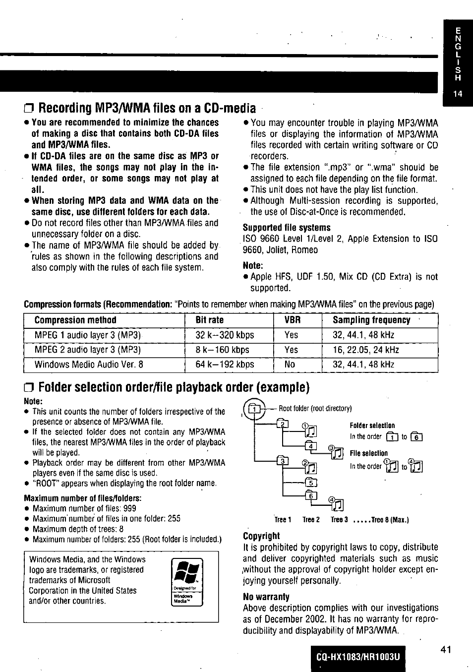 Recording mp3/wma files on a cd, Media | Panasonic Removable Full Front MP3 WMA /Receiver with CD Changer Control CQ-HR1003U User Manual | Page 41 / 172