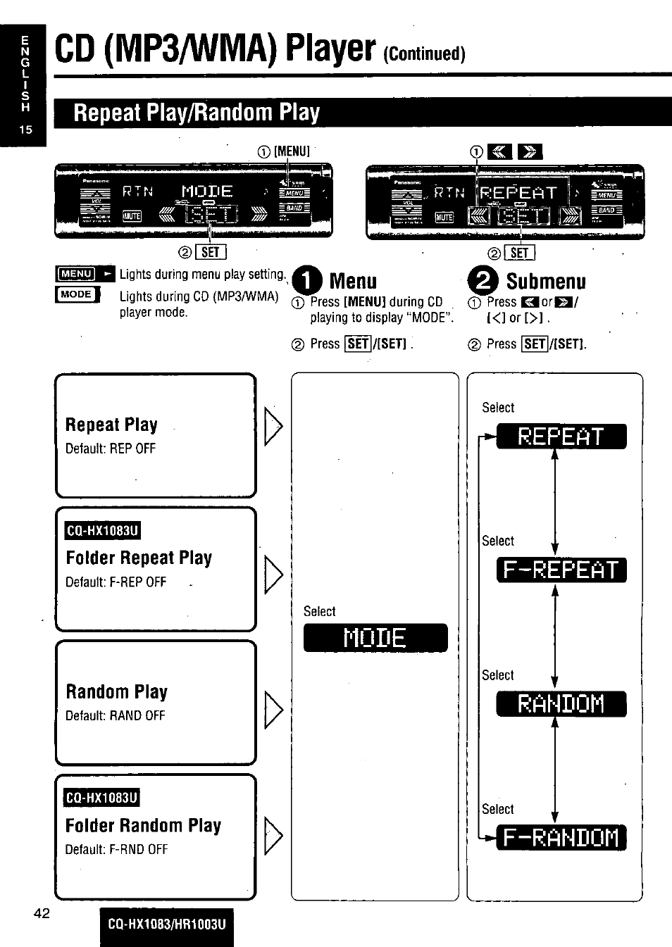 D[s|t, Folder repeat play, Folder random play | Cd (mp3/wma) player, Repeat play/random play, Submenu | Panasonic Removable Full Front MP3 WMA /Receiver with CD Changer Control CQ-HR1003U User Manual | Page 42 / 172