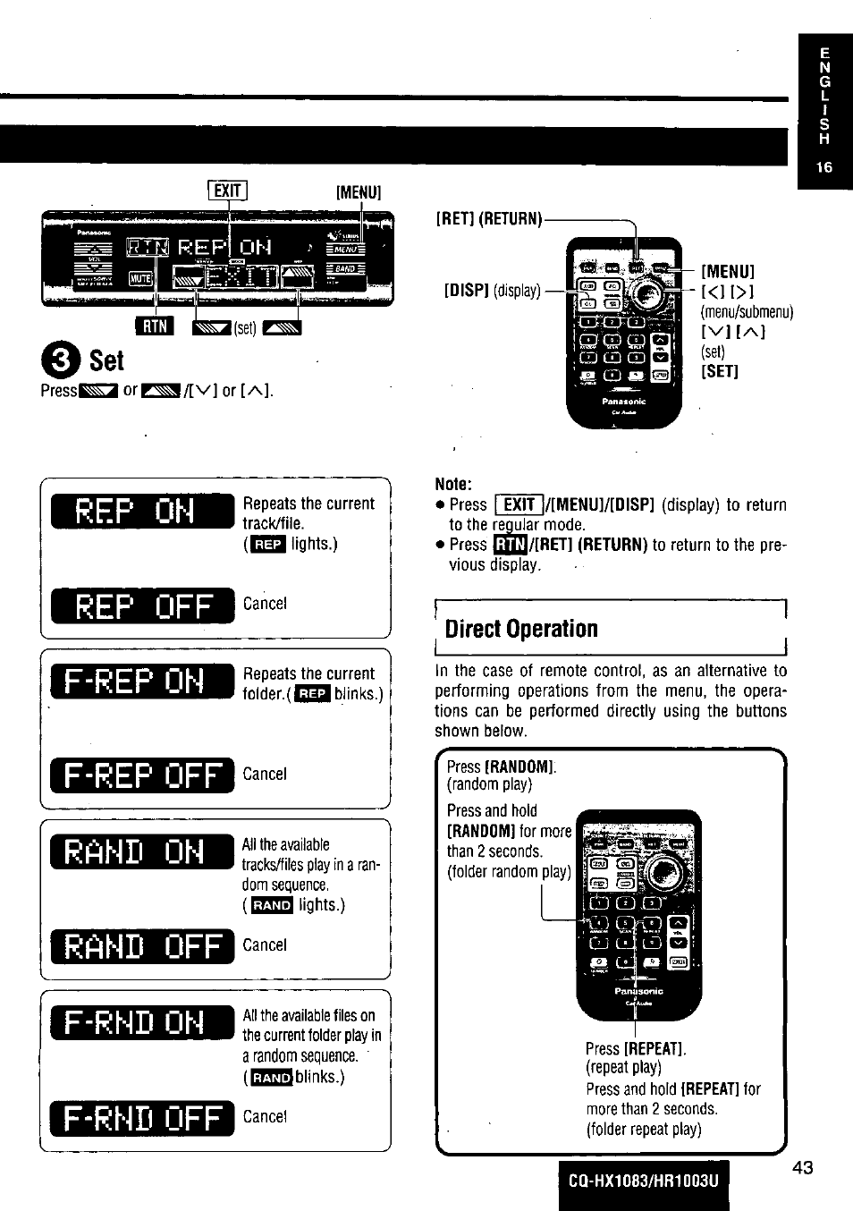 Direct operation, Rahii oh rahd off, I3h3 | Panasonic Removable Full Front MP3 WMA /Receiver with CD Changer Control CQ-HR1003U User Manual | Page 43 / 172