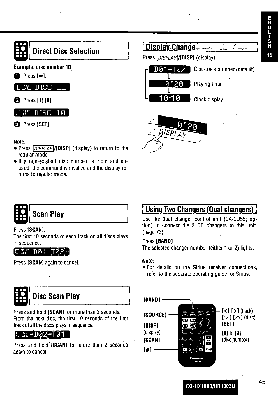 Direct disc selection, Cue disc, Display change | Disc scan play, Using two changers (dual changerst, Sc 10, O press [#]. cue disc, Scan play | Panasonic Removable Full Front MP3 WMA /Receiver with CD Changer Control CQ-HR1003U User Manual | Page 45 / 172