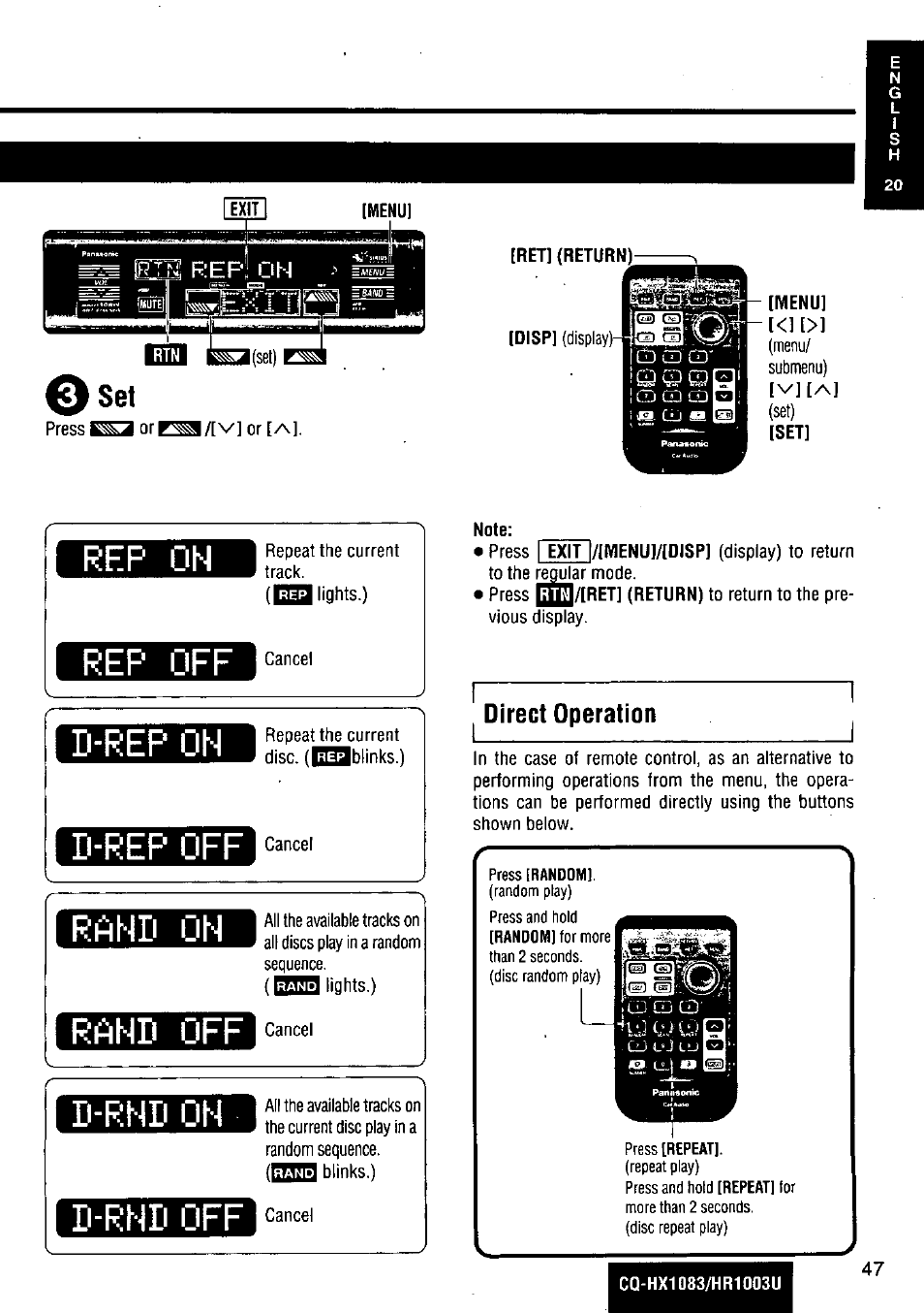 Ret] (return), Note, Direct operation | Rand off, 0set | Panasonic Removable Full Front MP3 WMA /Receiver with CD Changer Control CQ-HR1003U User Manual | Page 47 / 172