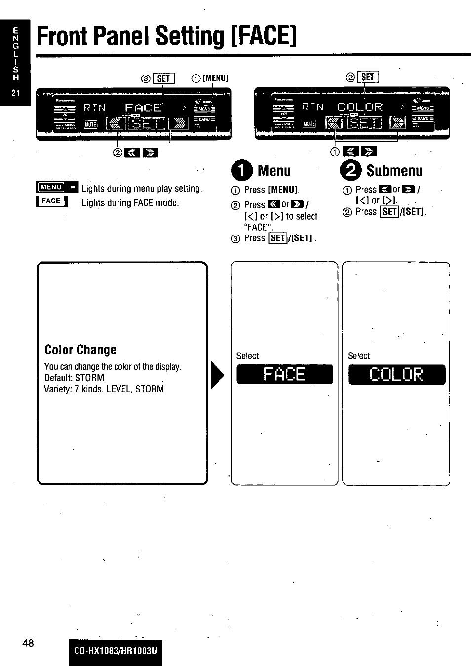 Front panel setting [face, O menu e submenu, Color change | Panasonic Removable Full Front MP3 WMA /Receiver with CD Changer Control CQ-HR1003U User Manual | Page 48 / 172