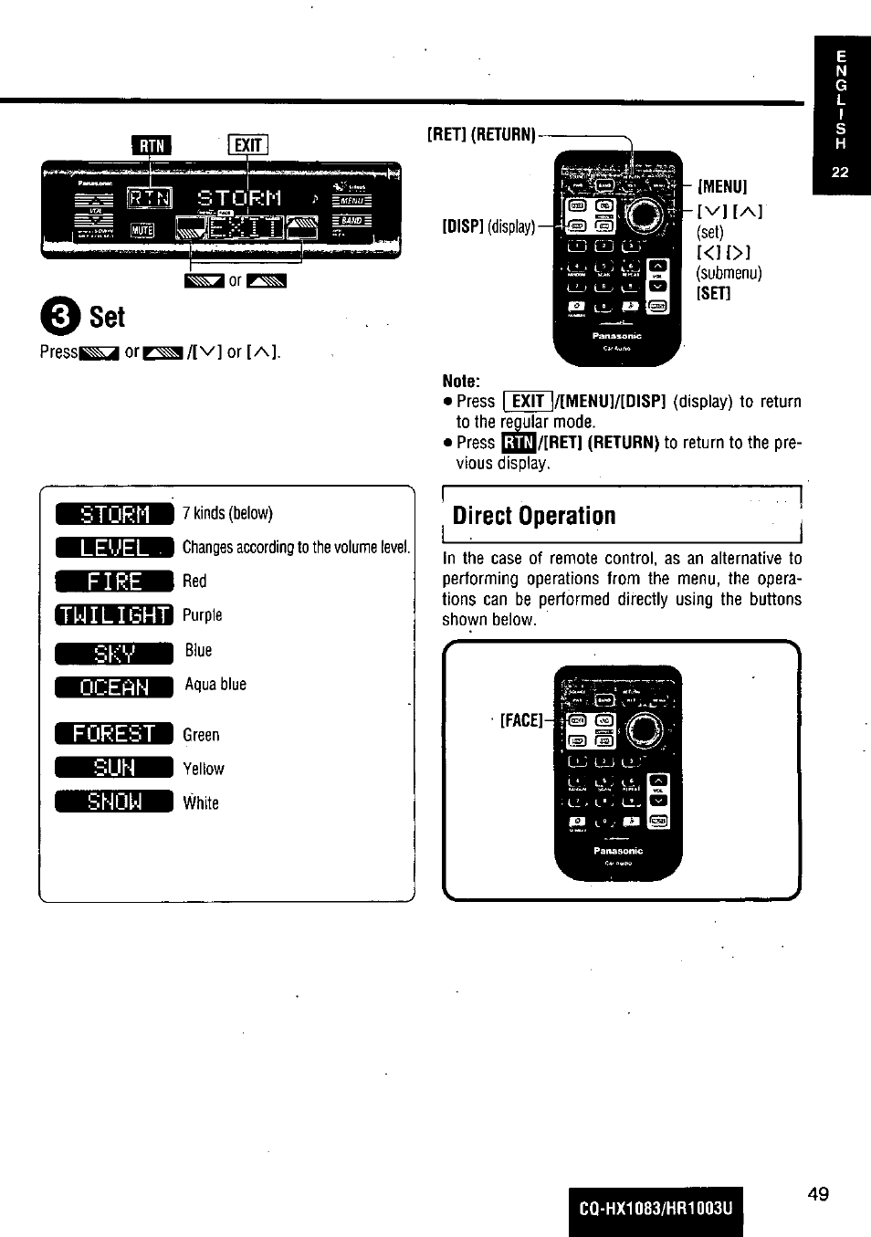 Storm, Leoel, Fire | Tnilight, Ocean, Forest, Shon, I ^ direct operation | Panasonic Removable Full Front MP3 WMA /Receiver with CD Changer Control CQ-HR1003U User Manual | Page 49 / 172