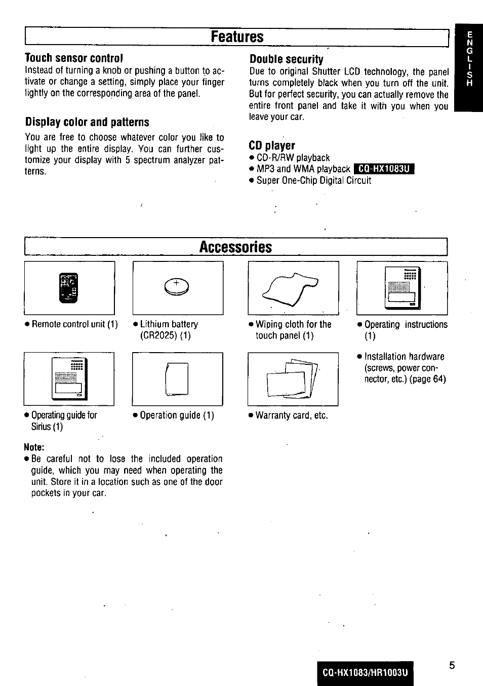 Features, Accessories | Panasonic Removable Full Front MP3 WMA /Receiver with CD Changer Control CQ-HR1003U User Manual | Page 5 / 172