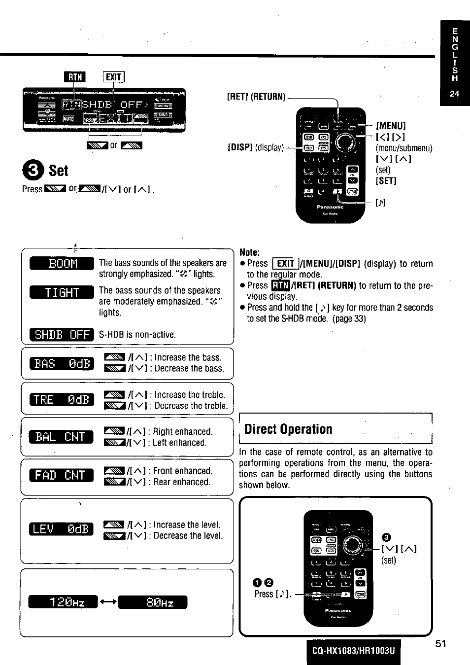 О set, Direct operation, Ism q | Boom, 1 tight, Shde off, Eas 0de tre 0db, Cht fad cnt, Lem 0de, Set) | Panasonic Removable Full Front MP3 WMA /Receiver with CD Changer Control CQ-HR1003U User Manual | Page 51 / 172