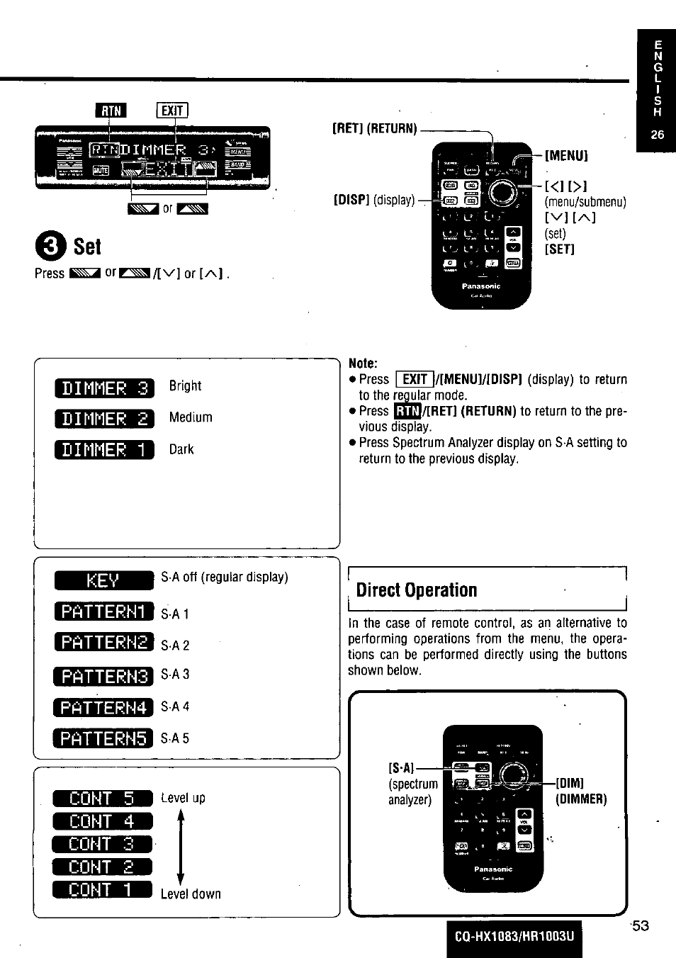 Dimmer 3, Dimmer 2, Dimmer 1 | Patterh1, Bshbaia, Patterns, Patterh4, Cont, Cont 4, Cont 2 | Panasonic Removable Full Front MP3 WMA /Receiver with CD Changer Control CQ-HR1003U User Manual | Page 53 / 172