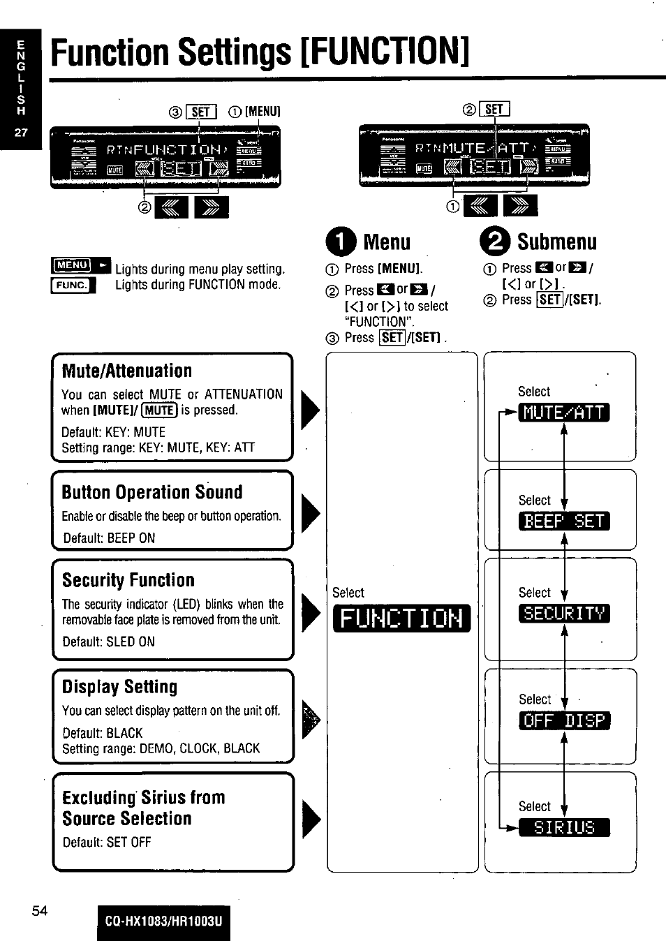 Menu, 0 submenu, Mute/attenuation | Button operation sound, Security function, Display setting, Excluding sirius from source selection, Function settings [function, Séti | Panasonic Removable Full Front MP3 WMA /Receiver with CD Changer Control CQ-HR1003U User Manual | Page 54 / 172