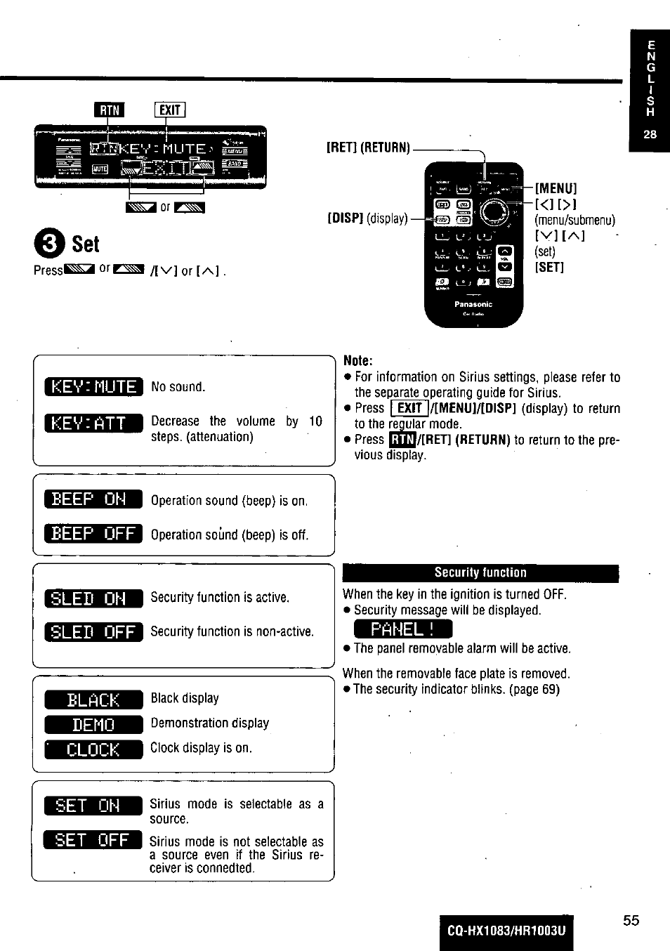 Security function, Qset, Ikevrnute | Keviatt, Beep oh beep off, Black demo c, S■ sled oh, Aiaiiija, Set oh set off, Pahel | Panasonic Removable Full Front MP3 WMA /Receiver with CD Changer Control CQ-HR1003U User Manual | Page 55 / 172
