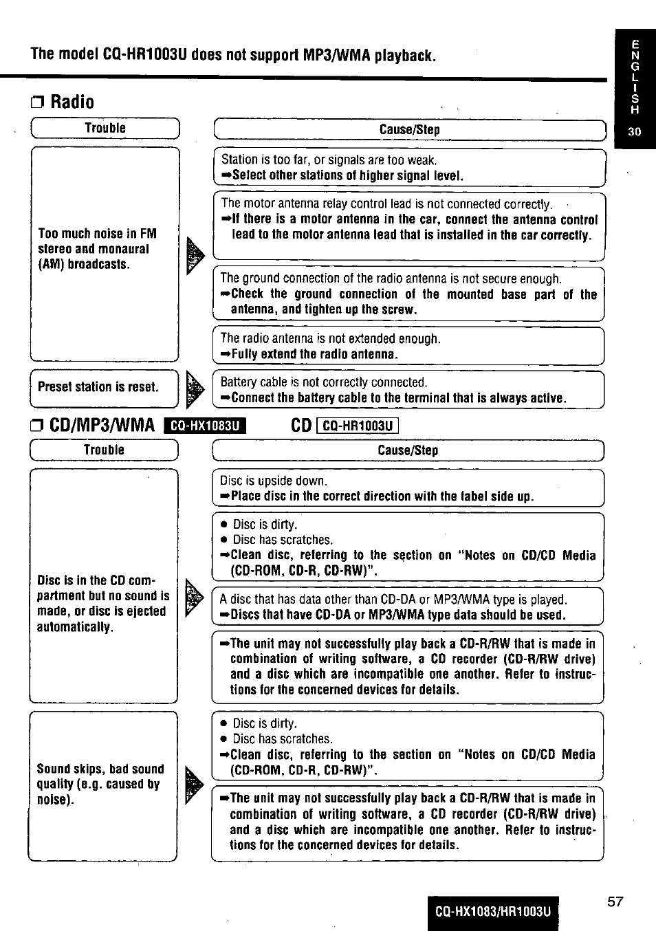 Radio, Cd/mp3/wma | Panasonic Removable Full Front MP3 WMA /Receiver with CD Changer Control CQ-HR1003U User Manual | Page 57 / 172