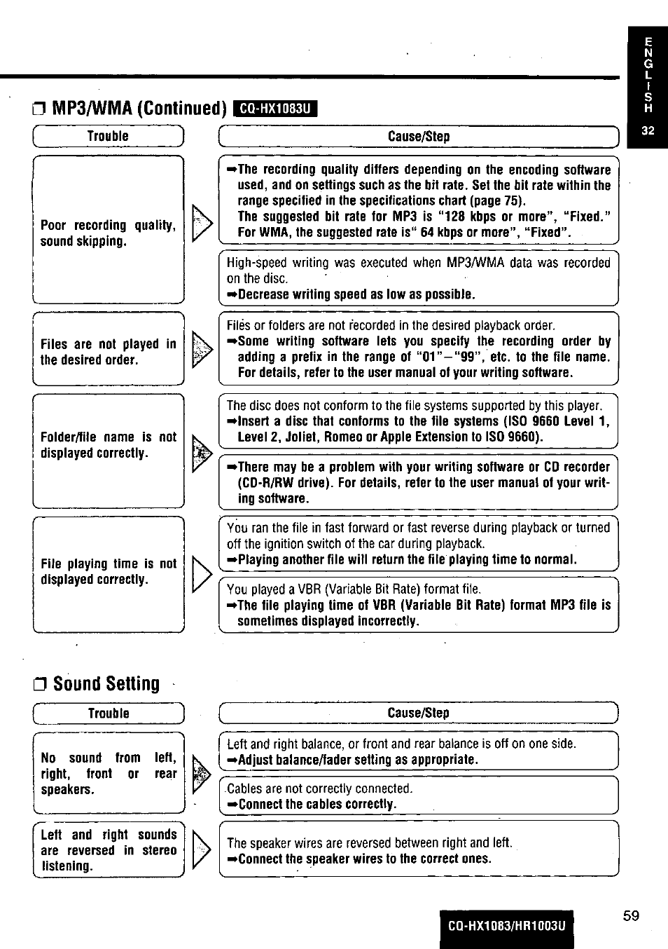 Mp3/wma (continued), Sound setting, Sound setting cz | Panasonic Removable Full Front MP3 WMA /Receiver with CD Changer Control CQ-HR1003U User Manual | Page 59 / 172