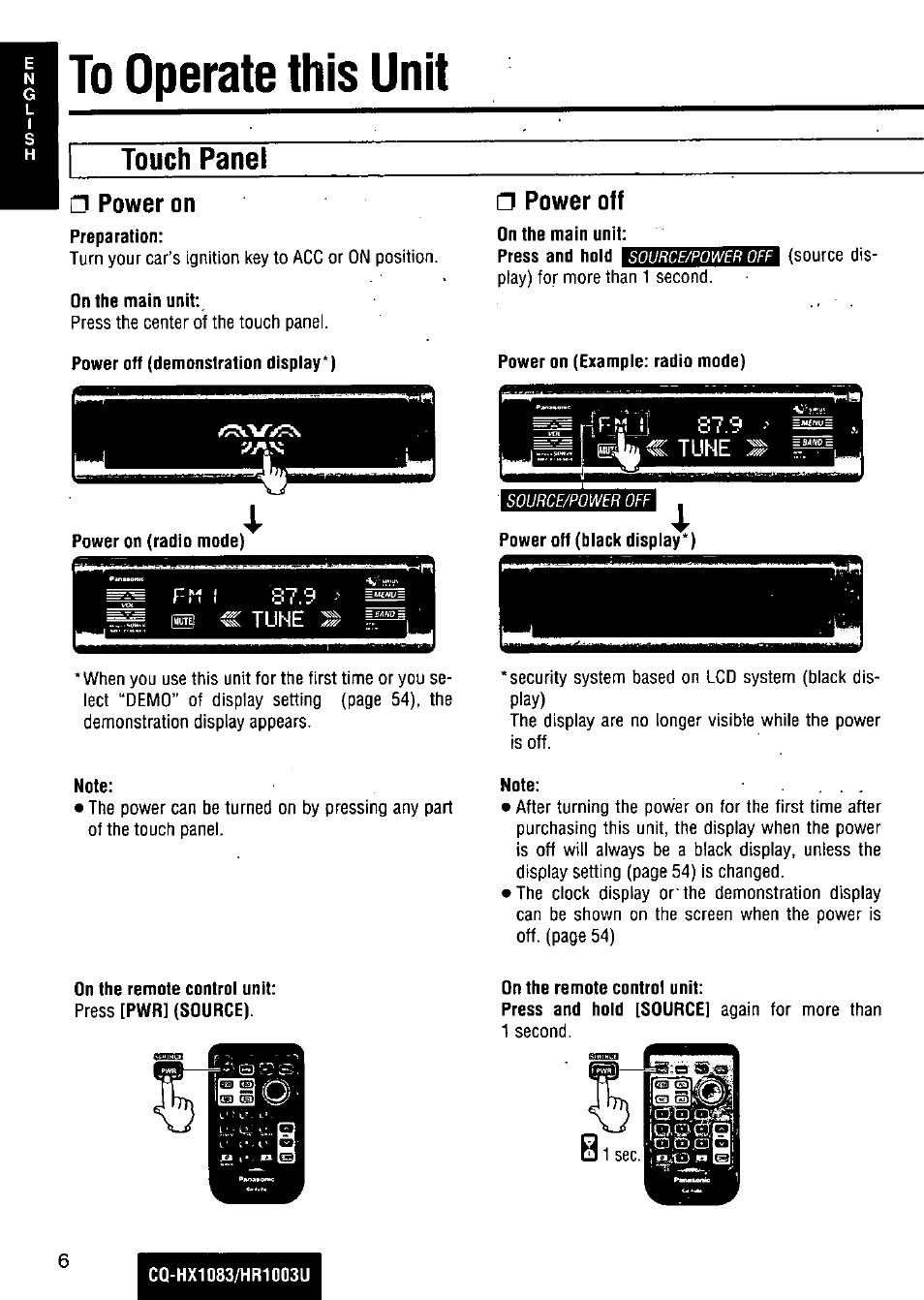 To operate this unit, Touch panel, Power on | Power off, Tune | Panasonic Removable Full Front MP3 WMA /Receiver with CD Changer Control CQ-HR1003U User Manual | Page 6 / 172