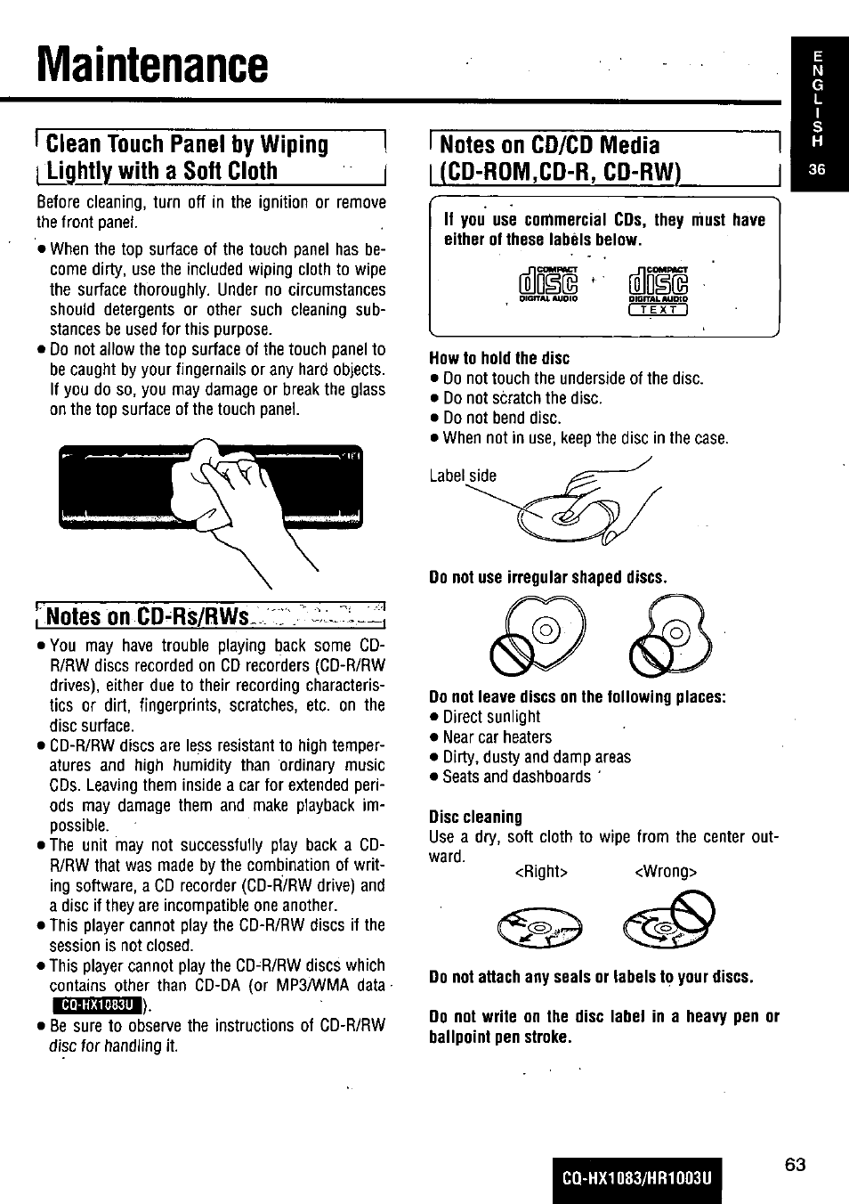 Maintenance, N maintenance, Clean touch panel by wiping | Lightiy with a soft cloth | Panasonic Removable Full Front MP3 WMA /Receiver with CD Changer Control CQ-HR1003U User Manual | Page 63 / 172