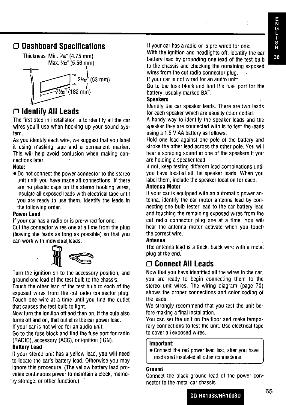 Dashboard specifications, Identify ait leads, Connect all leads | Step | Panasonic Removable Full Front MP3 WMA /Receiver with CD Changer Control CQ-HR1003U User Manual | Page 65 / 172
