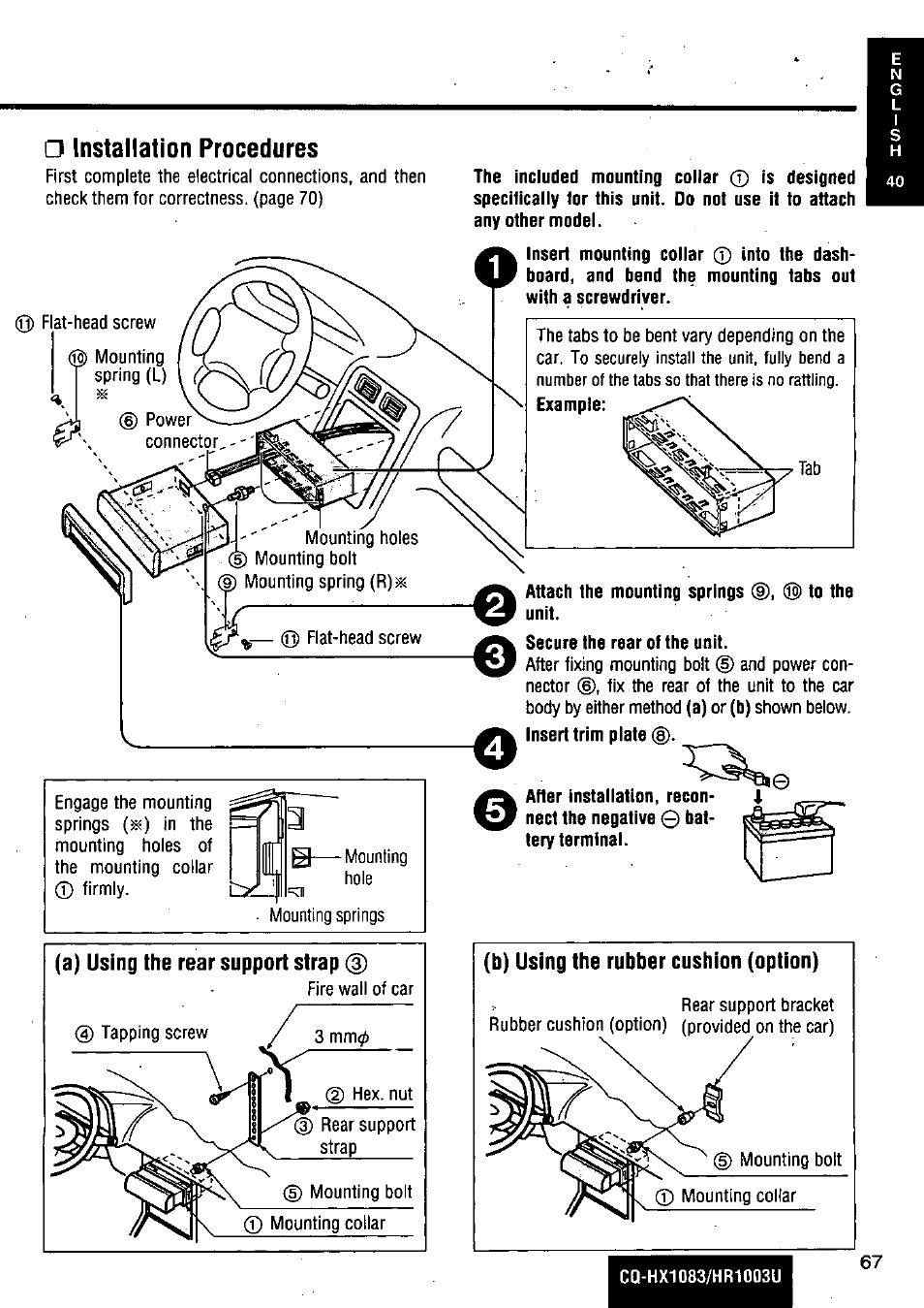 Installation procedures | Panasonic Removable Full Front MP3 WMA /Receiver with CD Changer Control CQ-HR1003U User Manual | Page 67 / 172