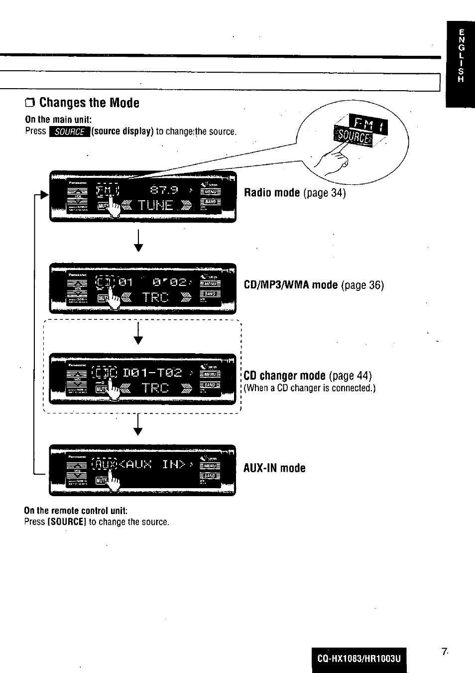 Changes the mode | Panasonic Removable Full Front MP3 WMA /Receiver with CD Changer Control CQ-HR1003U User Manual | Page 7 / 172