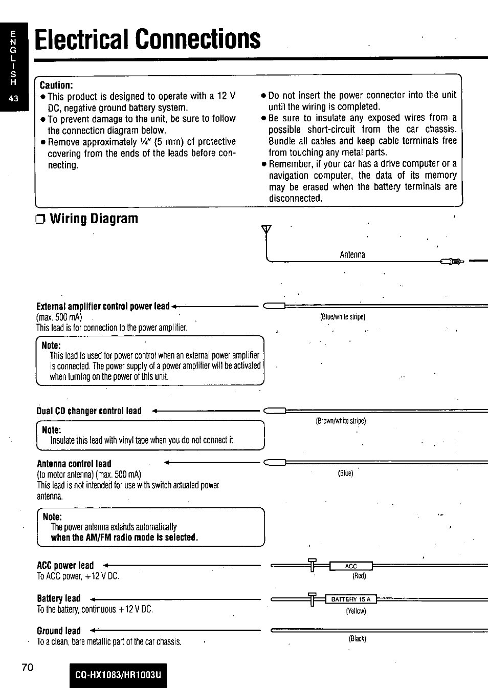 Electrical connections, Wiring diagram, O electrical connections | Panasonic Removable Full Front MP3 WMA /Receiver with CD Changer Control CQ-HR1003U User Manual | Page 70 / 172