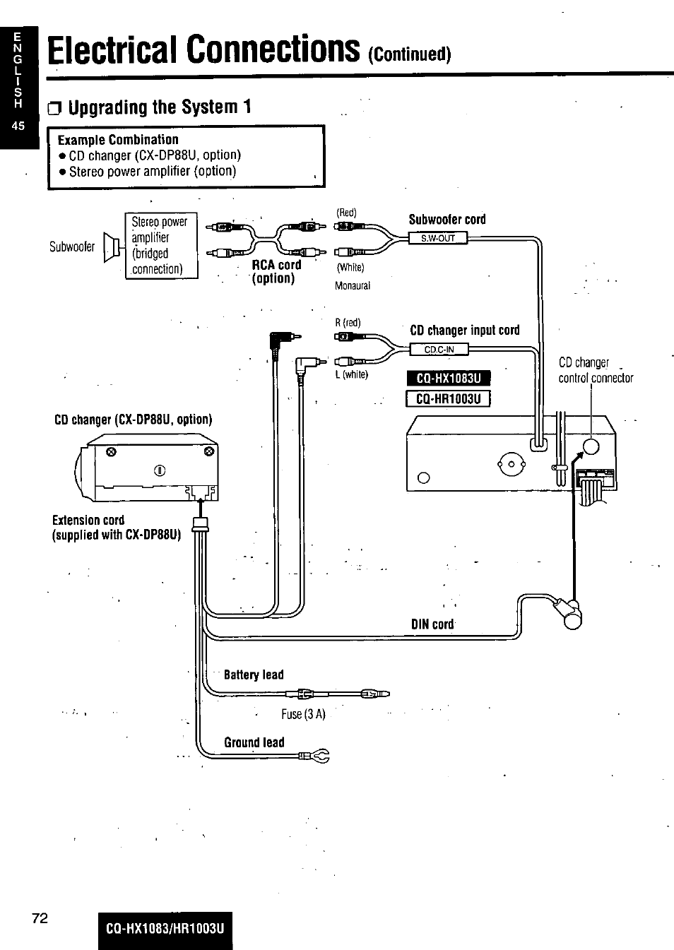Electrical connections, Continued), Upgrading the system 1 | Panasonic Removable Full Front MP3 WMA /Receiver with CD Changer Control CQ-HR1003U User Manual | Page 72 / 172