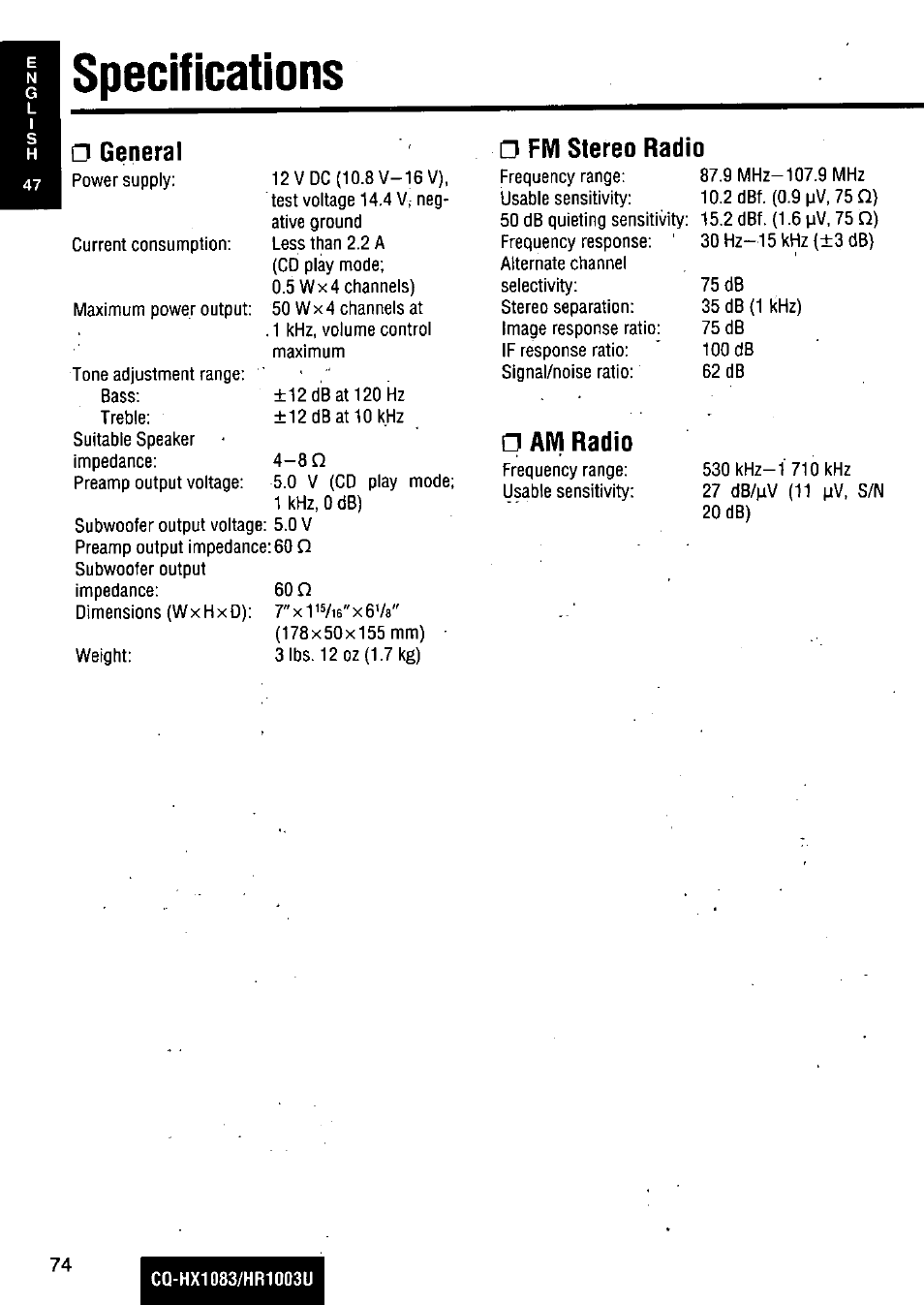 Specifications, N specifications, General □ fm stereo radio | Am radio | Panasonic Removable Full Front MP3 WMA /Receiver with CD Changer Control CQ-HR1003U User Manual | Page 74 / 172