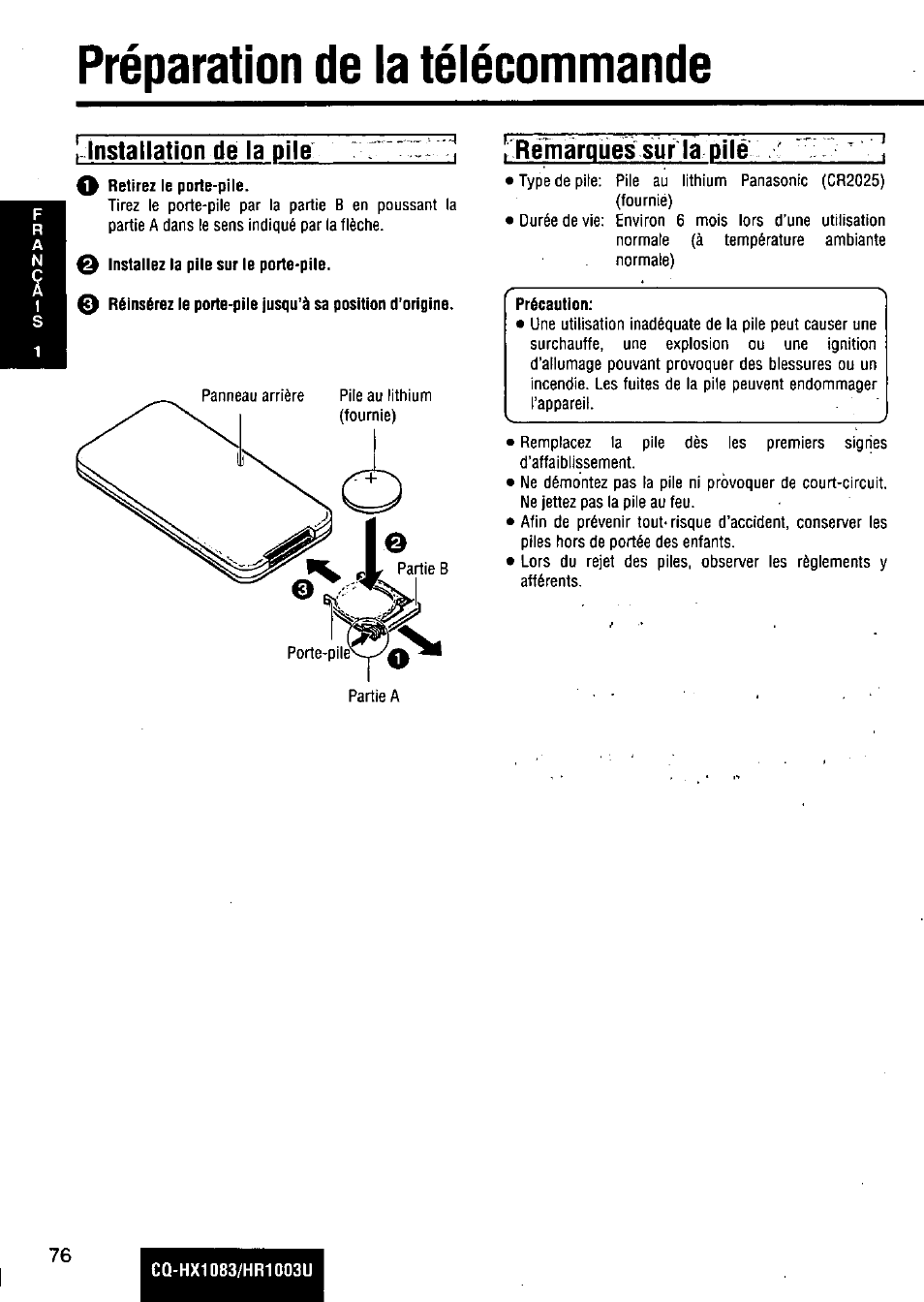 Préparation de la télécommande, Installation de la pile, T remarques sur la pilé | Panasonic Removable Full Front MP3 WMA /Receiver with CD Changer Control CQ-HR1003U User Manual | Page 76 / 172