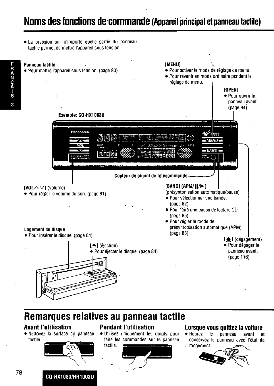 Panneau tactile, Menu, Open | Band] (apm/||/^), Noms des fonctions de commande, Remarques relatives au panneau tactile, Appareil principal et panneau tactile) | Panasonic Removable Full Front MP3 WMA /Receiver with CD Changer Control CQ-HR1003U User Manual | Page 78 / 172