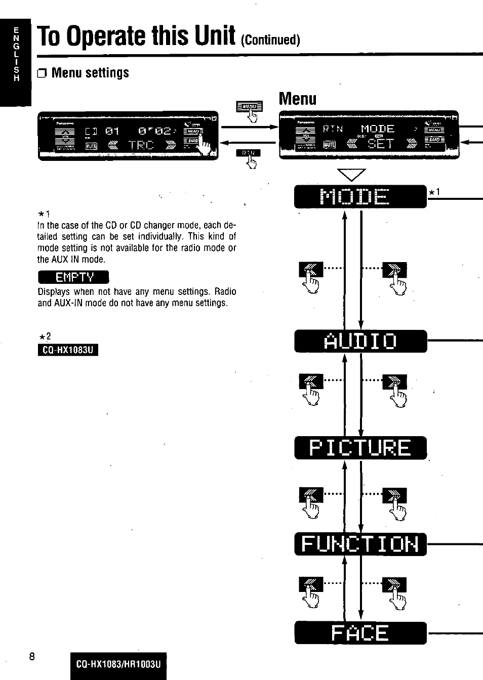 To operate this unit (continued), Pictlire function, D i o | Menu | Panasonic Removable Full Front MP3 WMA /Receiver with CD Changer Control CQ-HR1003U User Manual | Page 8 / 172