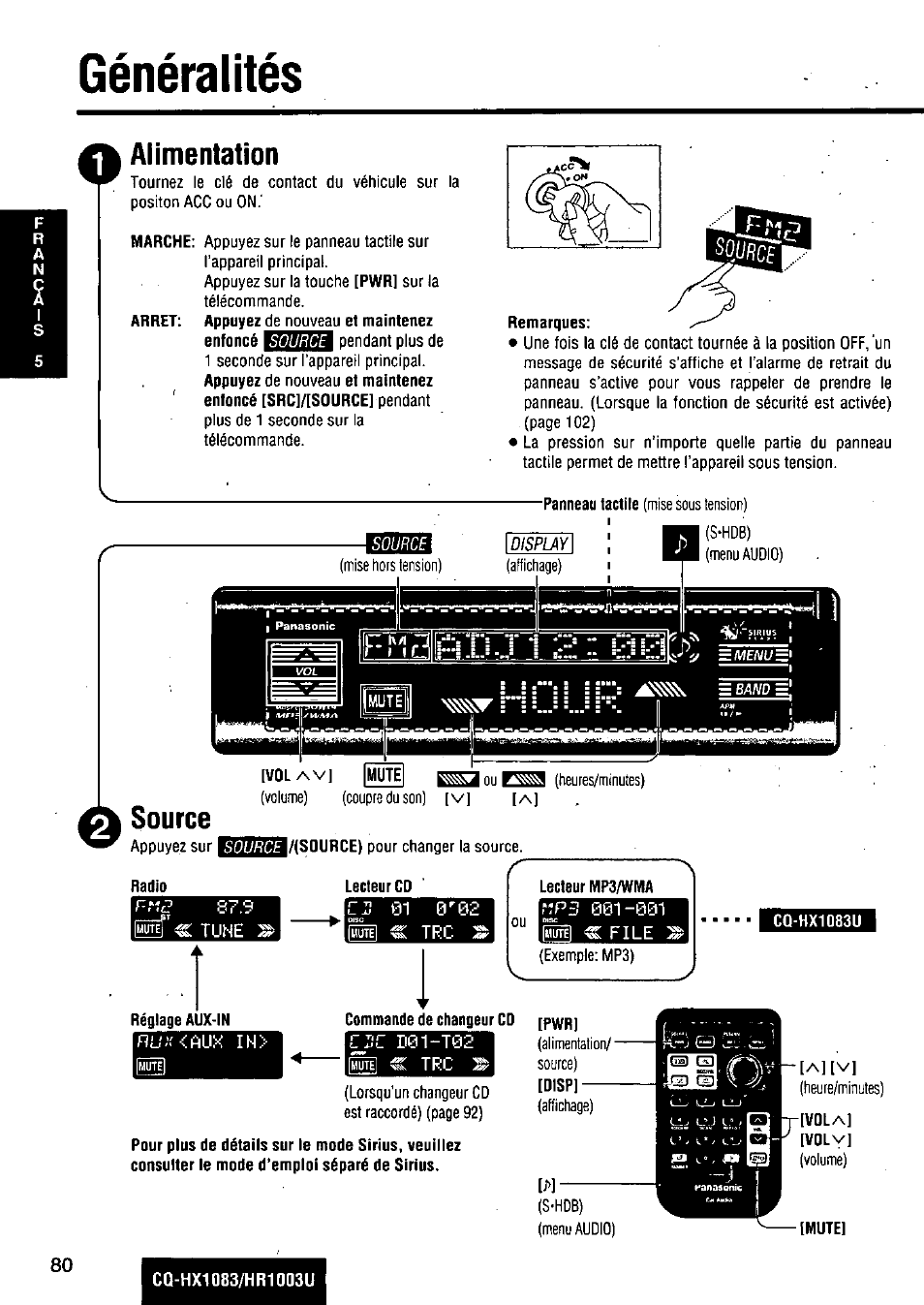 Généralités, Alimentation, Source | Kiikitia, Display | Panasonic Removable Full Front MP3 WMA /Receiver with CD Changer Control CQ-HR1003U User Manual | Page 80 / 172