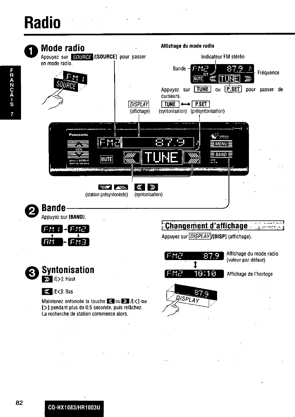 Radío, Mode radio, Affichage du mode radio | Bande, Changëmeht.d'affichaqe, Fr,r2 87.9, Cû-hx1083/hr1003u, Source, Syntonisation | Panasonic Removable Full Front MP3 WMA /Receiver with CD Changer Control CQ-HR1003U User Manual | Page 82 / 172