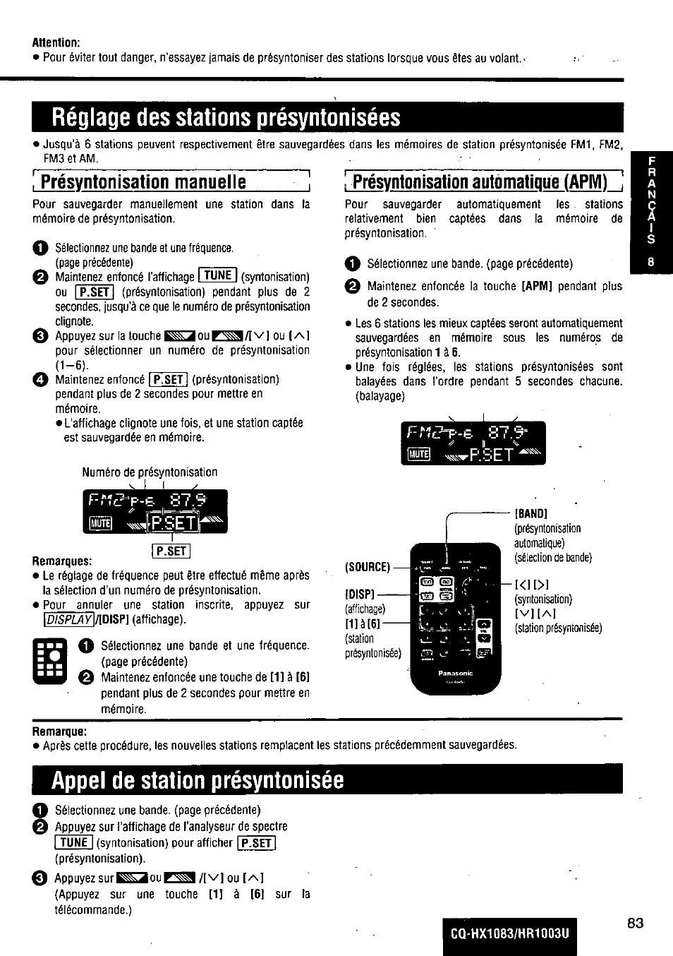 Présvntonisation manuelle, I présvntonisalion automatique (арм), Гг|с?=р-в 87.9 | Display\/[ü\$p, Réglage des stations présyntonisées, Appel de station présyntonisée | Panasonic Removable Full Front MP3 WMA /Receiver with CD Changer Control CQ-HR1003U User Manual | Page 83 / 172