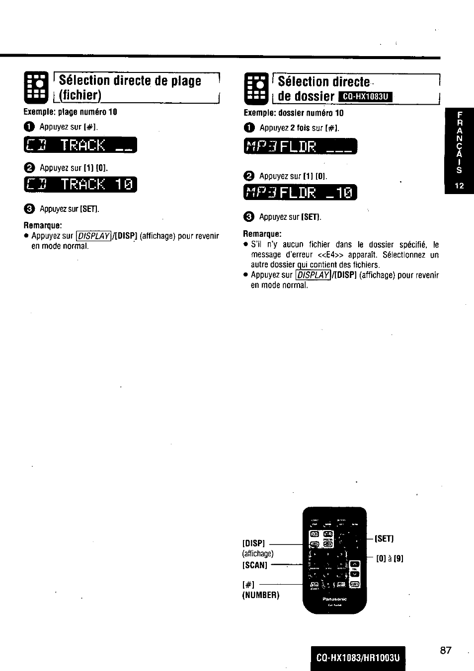 I sélection directe de plage i i («chier) i, Remarque, Sélection directe de dossier | Ciî track, Ci track 10, Îpf3fldr _10, Rrpiîflrir | Panasonic Removable Full Front MP3 WMA /Receiver with CD Changer Control CQ-HR1003U User Manual | Page 87 / 172