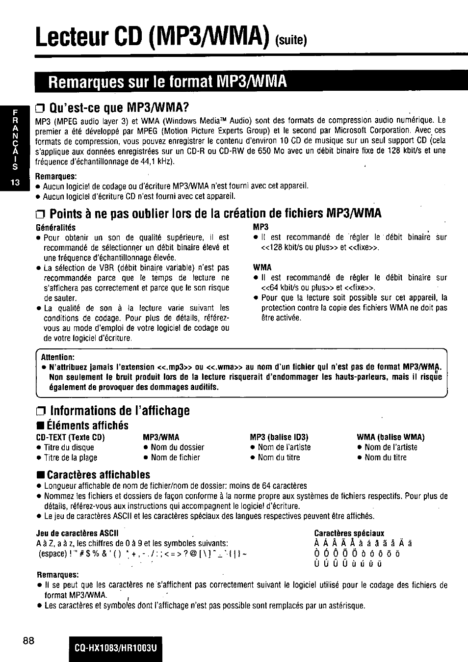 Qu’est-ce que mp3/wma, Attention, Informations de l’affichage | Caractères spéciaux, Lecteur cd (mp3/wma), Nom de, Remarques sur le format ivip3/wma, Suite), Points | Panasonic Removable Full Front MP3 WMA /Receiver with CD Changer Control CQ-HR1003U User Manual | Page 88 / 172