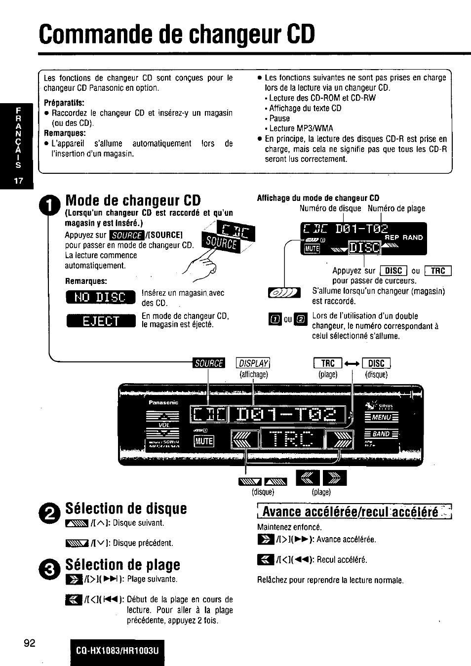 Commande de changeur cd, Mode de changeur cd, Ho disc | Eject, Affichage du mode de changeur cd, Sélection de disque, Sélection de plage, Ho disc eject, D01-t02, Avance accélérée/recul accéléré | Panasonic Removable Full Front MP3 WMA /Receiver with CD Changer Control CQ-HR1003U User Manual | Page 92 / 172