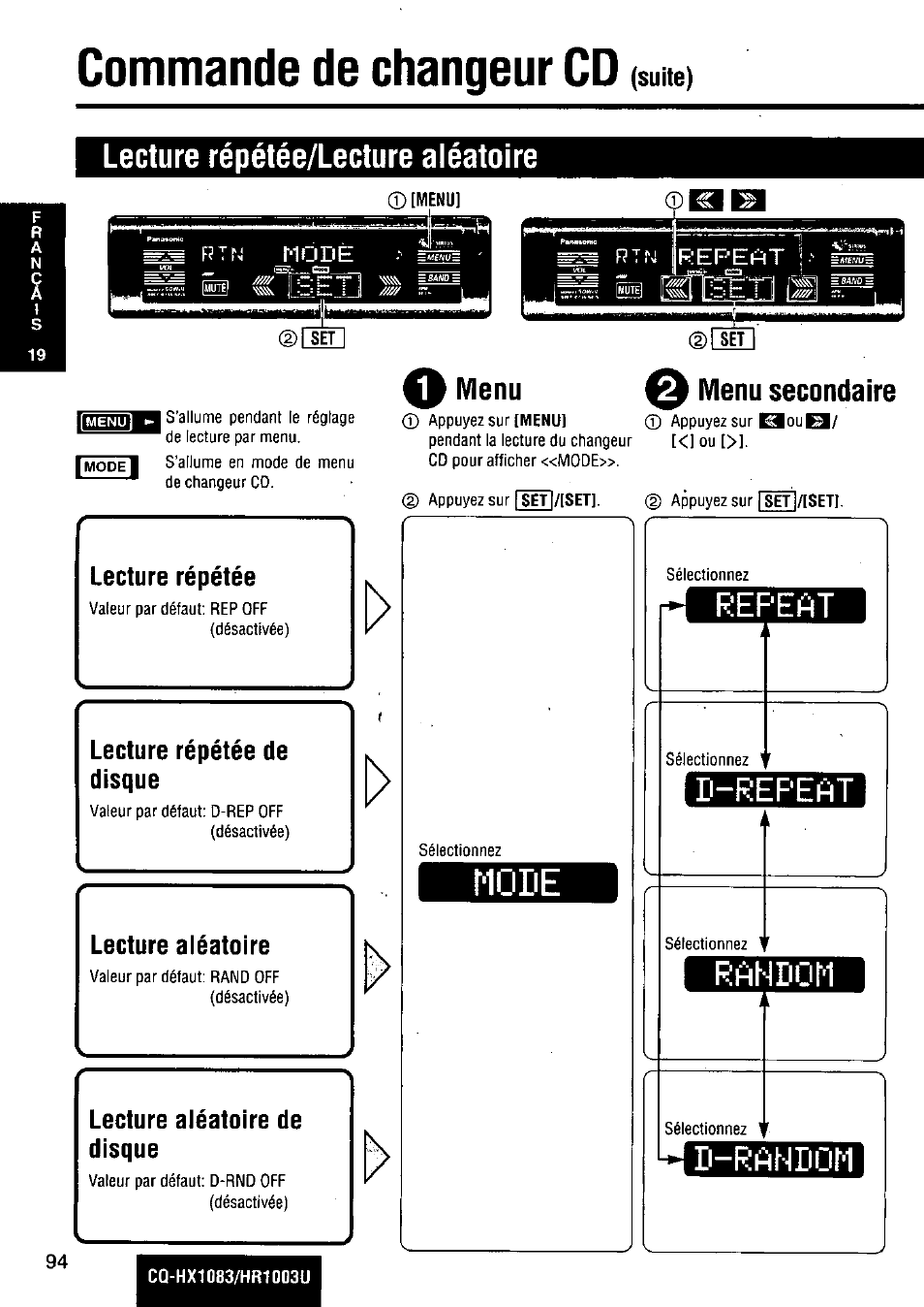 Commande de changeur cd, Suite), Lecture répétée/lecture aléatoire | Menu, Q menu secondaire, Lecture répétée, Lecture répétée de disque, Lecture aiéatoire, Lecture aiéatoire de disque, N-rrndom | Panasonic Removable Full Front MP3 WMA /Receiver with CD Changer Control CQ-HR1003U User Manual | Page 94 / 172