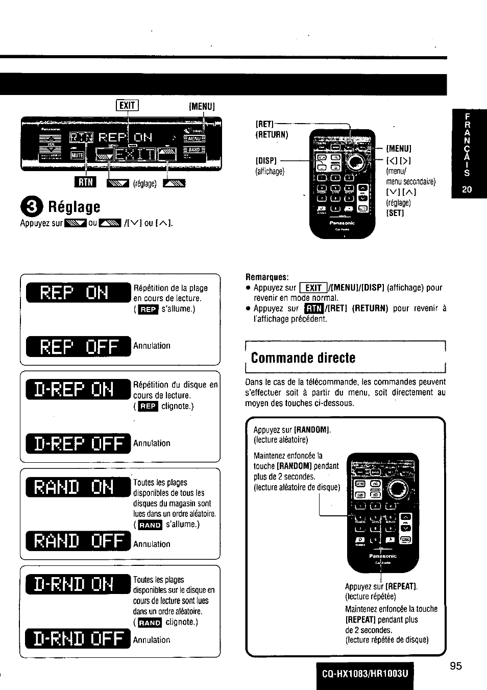 E réglage, Commande directe, 1 rahd on | 1 rahd off, Réglage | Panasonic Removable Full Front MP3 WMA /Receiver with CD Changer Control CQ-HR1003U User Manual | Page 95 / 172